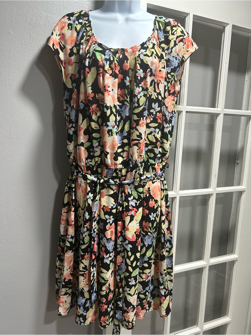 LC Lauren Conrad Black Floral Cap-Sleeve Dress with Coral and Blue Blooms